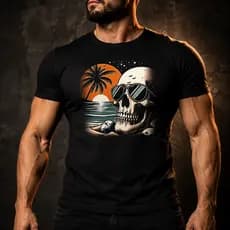 Camisa camiseta algodão preta caveira na praia de óculos