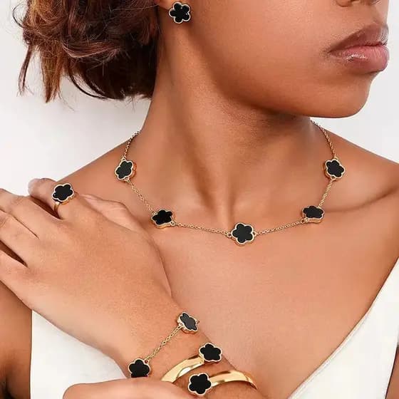 [Entrega 24 horas]5 peças-18k banhado a ouro pulseira não desbotada trevo de cinco folhas colar anel orelha conjunto