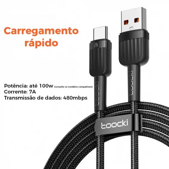 CABO USB 2M TOOCKI Cabo USB-A para USB-C 2 METROS Carregamento Rápido