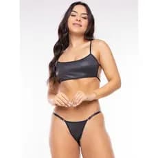 Conjunto Cirrê Cropped Com Tanguinha Fio Dental Top Gringa Couro Calcinha Conjunto Bia Bloguerinha