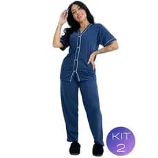Kit 2 Pijama Longo Americano Malha Adulto Manga Curta Confortável Blogueira Amamentação Meia Estação