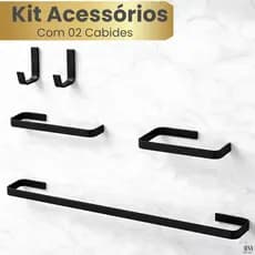 Kit Acessórios Banheiro Lavatório Stander 05 Peças Em Metal Preto Fosco Quadrado Com 2 Cabides