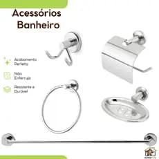 Kit Acessórios Para Banheiro Lavatório Completo Metal 05 Peças Inoxidável Cromado