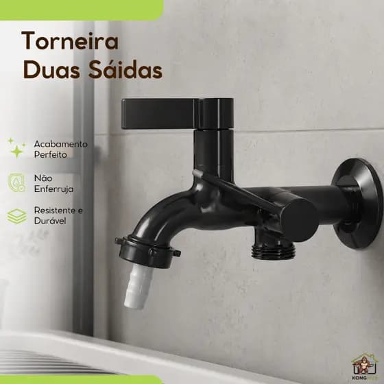 Torneira Jardim Lavanderia P/ Maquina de Lavar Tanquinho Duas Saídas Preta