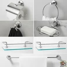 Kit Acessórios Para Banheiro Completo 5 Peças Cromado + 02 Porta Shampoo Prateleira Suporte 30cm