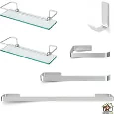 Kit Acessórios Para Banheiro 4 Peças Quadrado + Kit 2 Porta Shampoo de Alumínio Com Base de Vidro Reto Suporte