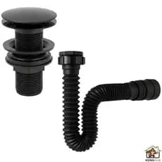 Sifão Flexível Preto Sanfonado ABS Ajustável + Válvula Click 7/8 Pia Cuba Banheiro Lavatório