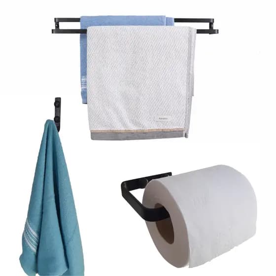 Kit 3 Peças Acessório P/ Banheiro Preto Toalheiro Duplo 60cm