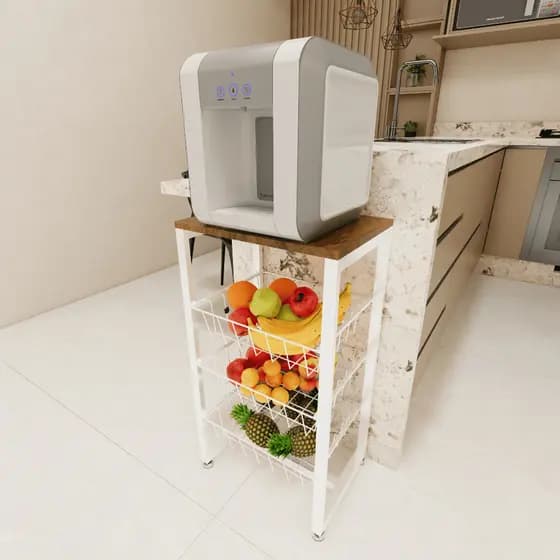 Fruteira De Chão Branco Brilho Em Aço MDF Amadeirado