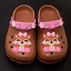 Babuche Sandália Infantil Menina Raposa Flor Marrom Com Rosa Delicado