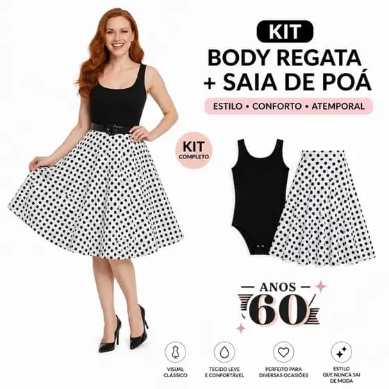 Conjunto Feminino Anos 60/80 Saia de Poá e Body Regata Suplex Retro Bolinhas Fantasia