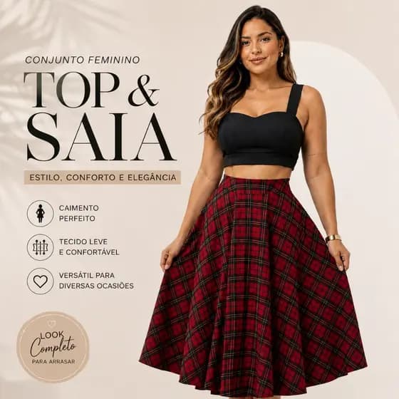 2 Peças Conjunto Saia Midi com Top Cropped Tecido Suplex Moda Casual Feminina Elegante P ao GG