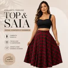 2 Peças Conjunto Saia Midi com Top Cropped Tecido Suplex Moda Casual Feminina Elegante P ao GG