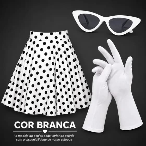 KIT FESTA ANOS 60 SAIA DE BOLINHA RETRO FEMININA MIDI LUVA ÓCULOS
