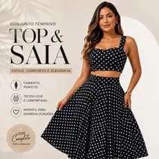 Conjunto Cropped e Saia Godê Top Feminino Preto Poá Branco Xadrez Kit Look Completo