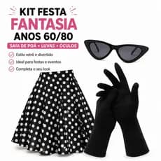 KIT 3 Peças Acessórios Fantasia Anos 60/80/70 Saia Midi, Par de Luvas e Óculos Vintage Retro Mulher