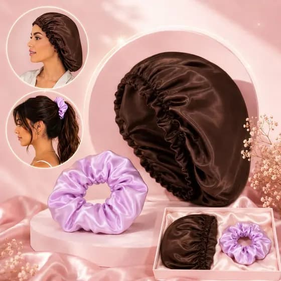 KIT TOUCA DE CETIM E ELÁSTICO DE CETIM ANTI FRIZZ PROTEÇÃO PARA CABELOS VIRAL CUIDADOS CAPILARES