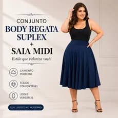 KIT Saia Midi e Body Suplex Regata Feminino Moda Modesta Elegante Versátil Estiloso
