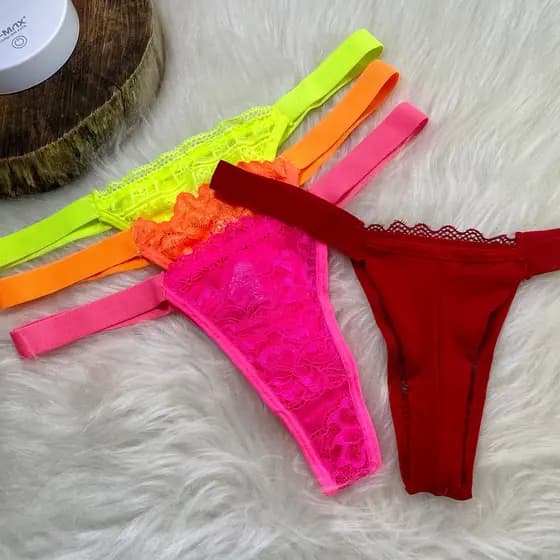 Kit 3 Calcinha de Renda Feminina Fio Duplo Elástico B20 Tanga Feminina Neon