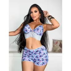 Bady Doll Personagens Pijama Estampado Com Detalhe de Renda Roupa de Dormir Croped Suede