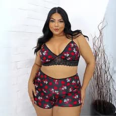 Conjunto Plus Size Bady Doll Personagens Estampado Roupa de Dormir Conforto Pijama Com Detalhe de Renda
