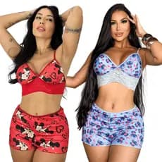 Kit 2 Baby Doll Personagem Croped Short Suede Detalhe de Renda Pijama Feminino