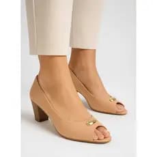 Scarpin Feminino Salto Médio Confortavel Peep Toe Bico Aberto Detalhe Dourado - 2 Cores