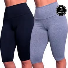 Kit 3 Bermuda Ciclista Lisa Cós Alto Longa Moda Fitness Academia