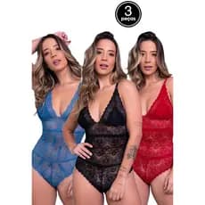 Promoção Kit 3 Bodies WLS Modas Transparente Renda Decote Blogueira Sensual Atacado