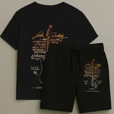 Camiseta e Bermuda Infantil Masculina Estampa Guitarra Premium Alta Qualidade Tamanho 2 ao 16