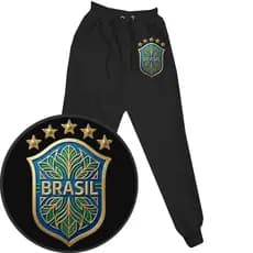 Calças de Moletom Infantil Estampada Brasil Time Logo Punho Cintura Regulável Do Tamanho 2 ao 16