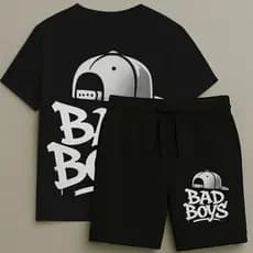Camiseta e Bermuda BadBoys Chapéu Conjunto Masculino T-shirt Estampa Shorts Blusa Do Tamanho 2 ao 16