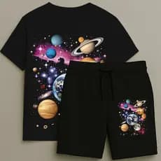 Camiseta e Bermuda Infantil Masculina Estampa Sistema Solar Premium Alta Qualidade Tamanho 2 ao 16