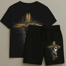 Camiseta e Bermuda Jesus Rosto Conjunto Masculino T-shirt Estampa Shorts Blusa Do Tamanho 2 ao 16