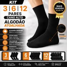 KIT MEIAS ALGODAO APOLLO ATOALHADA CANO ALTO PRETA LISA ACADEMIA