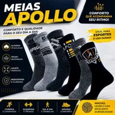 KIT MEIAS ALGODÃO APOLLO ATOALHADA CANO ALTO MASCULINA 3, 6 E 12 PARES