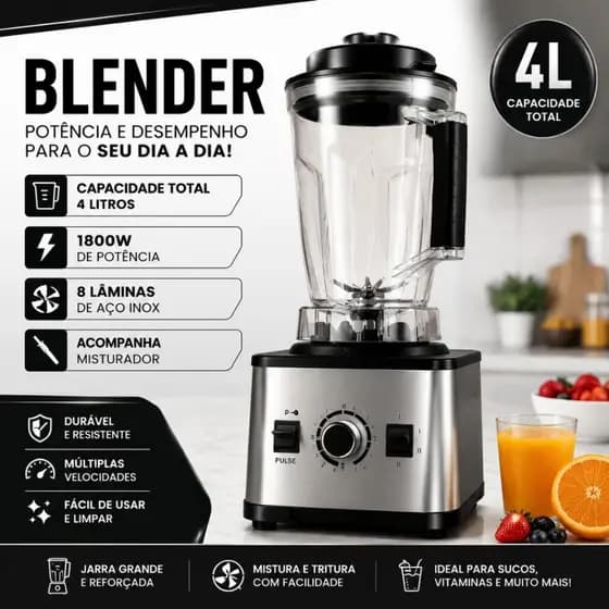 Liquidificador Industrial 4 Litros Prata 1800W 8 Lâminas Alta Potência Copo Resistente Multifuncional