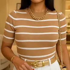 Blusa Feminina Modal Listrada Fresquinha Casual Com Manga Curta Moda Tendência Elegante 2025
