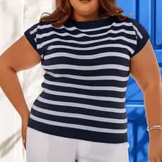Blusa Feminina Plus Size Listras Tricot Modal Premium Elegante Dia a Dia Verão 2026
