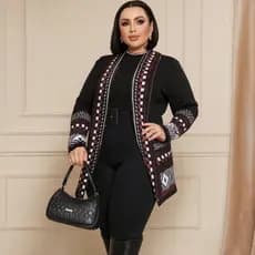 Cardigan Kinomo Trico Estilo Casaco Jacar Plus Size Manga Longa Quadriculado Tendência