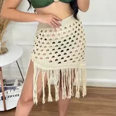 Saída de Praia Saia Crochê Feminina Ilhabela Tricot com Franja Ideal Para Usar Com biquíni Verão