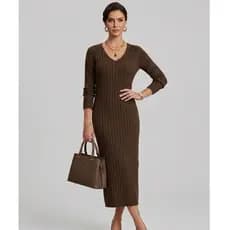 Vestido Midi Longo Tendência Tricot Alto Padrão Gola V Fendas Laterais Elegante