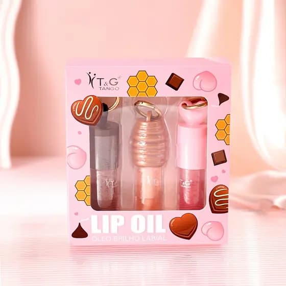 Kit ou Individual Lip Oil Hidratante com Chaveiro Lip Gloss Brilho Labial Chocolate Mel e Pêssego