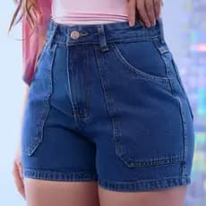 Short Jeans Feminino Jeans Escuro Bolsos Externos - Helena