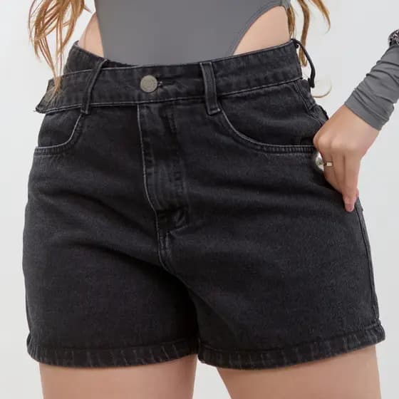 Short Jeans Feminino Cintura Alta C/ Dois Botões - New Dublin Black