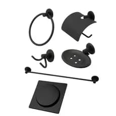 Kit Acessório Banheiro Preto 5 Peças + Ralo Click 10x10 Quadrado Preto