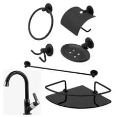 Kit Banheiro Preto + Torneira Lavatório Abs + Porta Shampoo Canto
