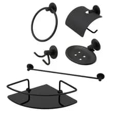 Kit Acessório Banheiro Preto 5 Peças + Porta Shampoo Canto