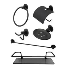 Kit Acessório Banheiro Preto 5 Peças + Porta Shampoo Reto