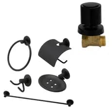 Kit Acessório Banheiro Preto 5 Peças + Registro Pressão 1416 3/4 C-40 Preto